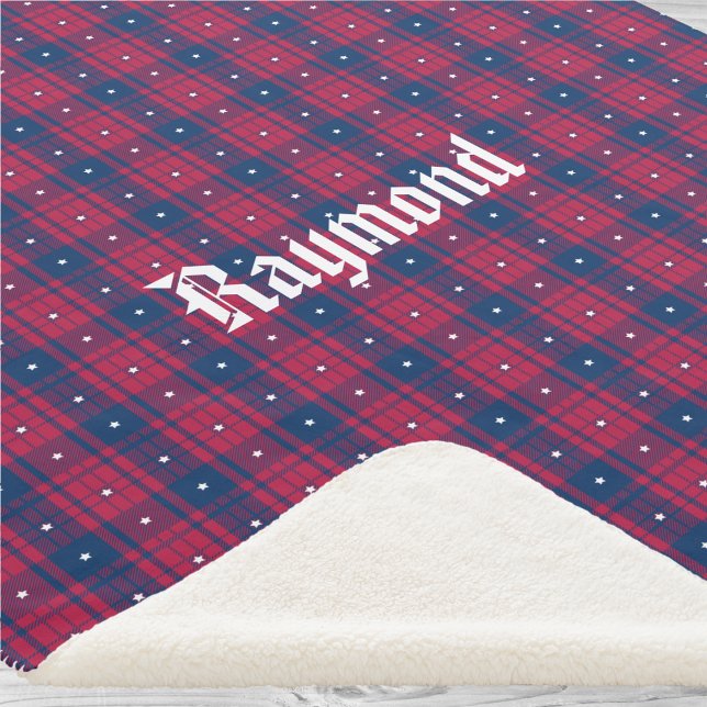 Couverture Sherpa Tartan - Patriotique - Bleu Rouge Étoiles Blanches (Tartan - Patriotic - Red Blue White Stars Sherpa Blanket by Leapfroglisics Shop)