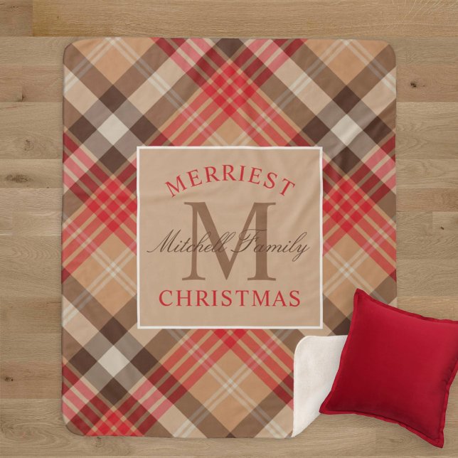 Couverture Sherpa Tartan Rouge Marque Monogramme Noël le Plus Joyeux (Créateur téléchargé)