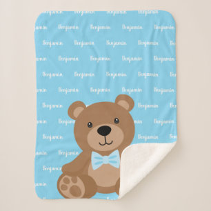 Couverture Sherpa Teddy Bear Personnalisé Nom bleu Garçon