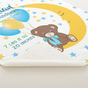 Couverture Sherpa Teddy Bear Sitting on Moon Baby Birth Stats