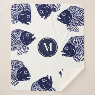 Couverture Sherpa Têtes de poisson bleu marine   Monogramme