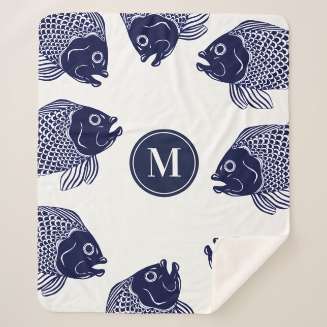 Couverture Sherpa Têtes de poisson bleu marine | Monogramme (Devant)
