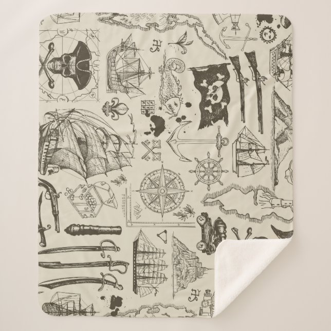 Couverture Sherpa Thème pirate : motif nautique vintage. (Devant)