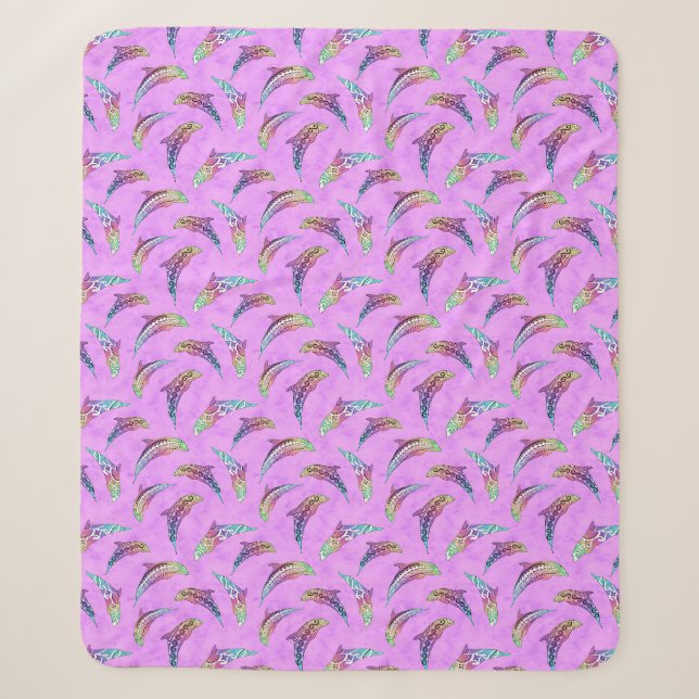 Couverture Sherpa Tie Dye Animaux marins roses Dolphins Marlins (Devant)