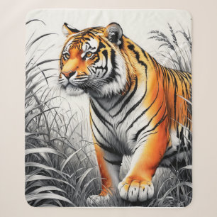 Couverture Sherpa Tiger Art Color Partiel noir blanc dessin