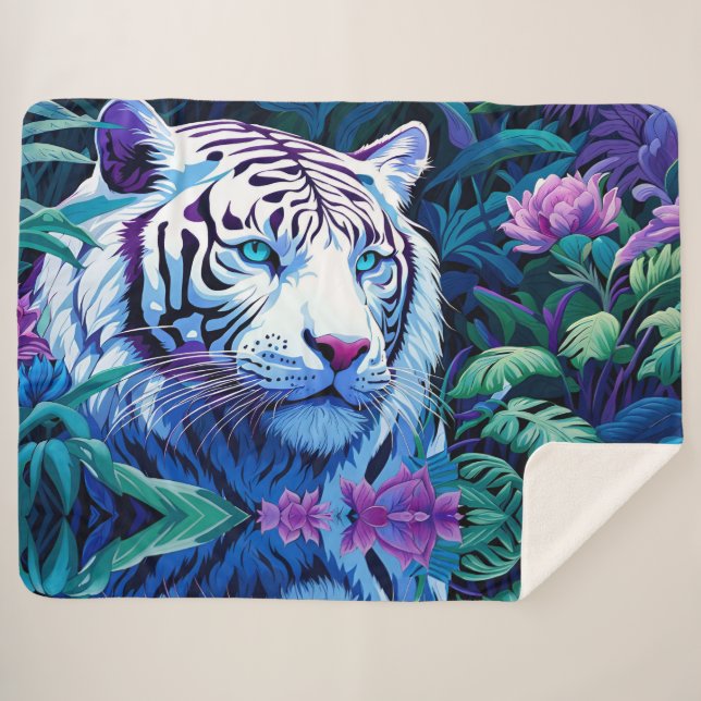 Couverture Sherpa Tigre blanc en fleurs violettes (Devant (Horizontal))