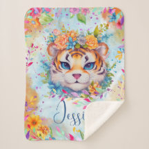 Tigre d'aquarelle mignon avec fleurs
