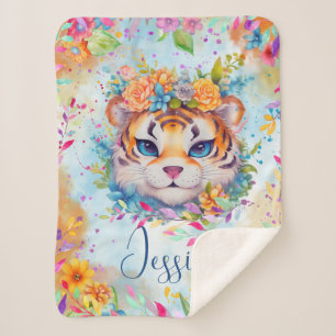 Couverture Sherpa Tigre d'aquarelle mignon avec fleurs