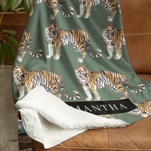 Couverture Sherpa Tigres d'aquarelle verte tropicale Motif avec nom