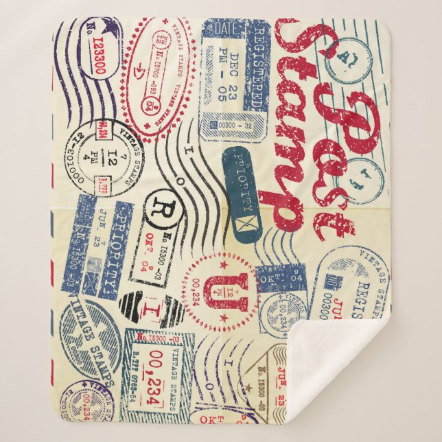 Couverture Sherpa Timbres de poste rétro, collection vintage. (Devant)