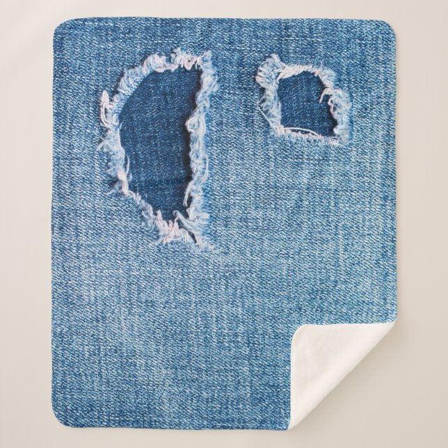 Couverture Sherpa Tissu en denim déchiré, teintes bleues. (Devant)