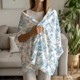 Couverture Sherpa Toile-de-jouy Chinoiseries motif floral bleu
