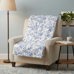 Couverture Sherpa Toile de Jouy Florale Bleue Vintage