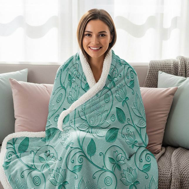 Couverture Sherpa Tons de vert pastel motif lotus aspect embossé (Créateur téléchargé)