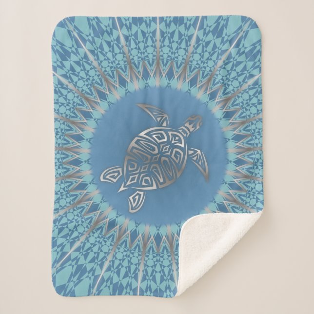 Couverture Sherpa Tortue de mer bleue argentée et mandala (Devant)
