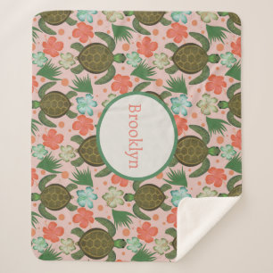 Couverture Sherpa Tortue de mer et Hibiscus Pink Rose florale Nourri