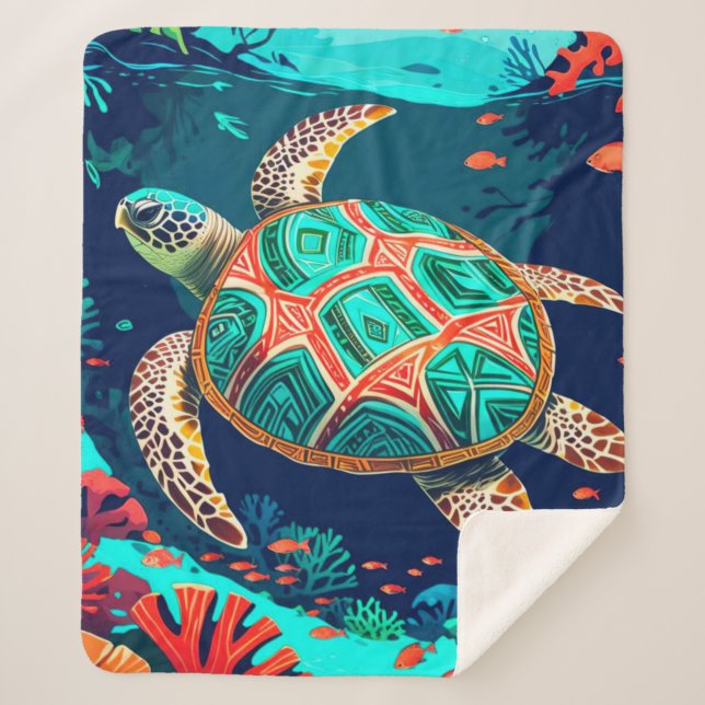 Couverture Sherpa Tortue tropicale tribale (Devant)