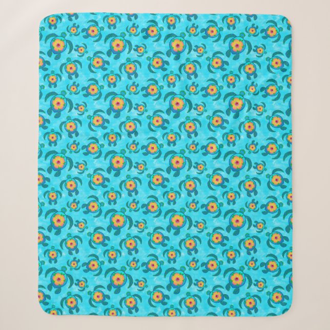 Couverture Sherpa Tortues de mer de Honu bleu Hibiscus Fleurs (Devant)