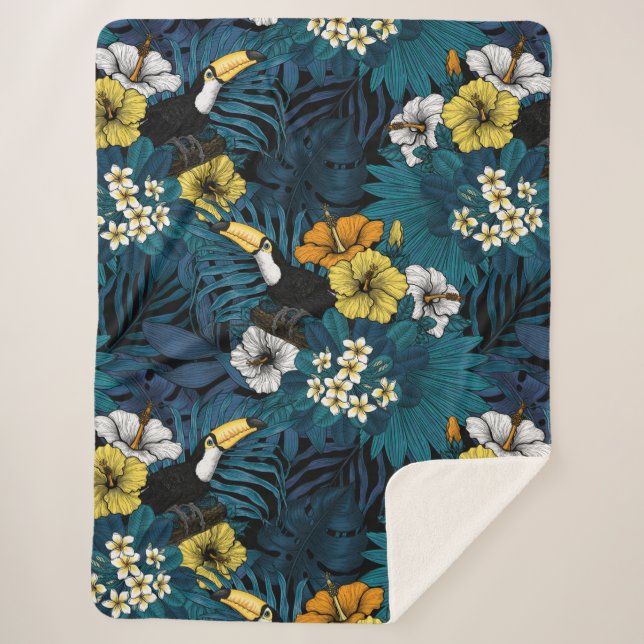 Couverture Sherpa Toucans et flore tropicale, bleu, jaune, orange (Devant)