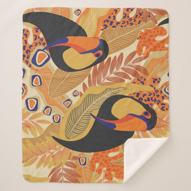 Couverture Sherpa Toucans sur branches, motif tropical sans soudure. (Devant)