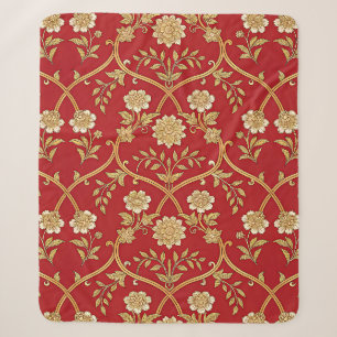 Couverture Sherpa Trellis Floral Rouge Élégant Or