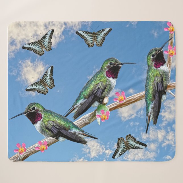 Couverture Sherpa Trois colibris perchés sur une branche Floss Silt (Devant (Horizontal))