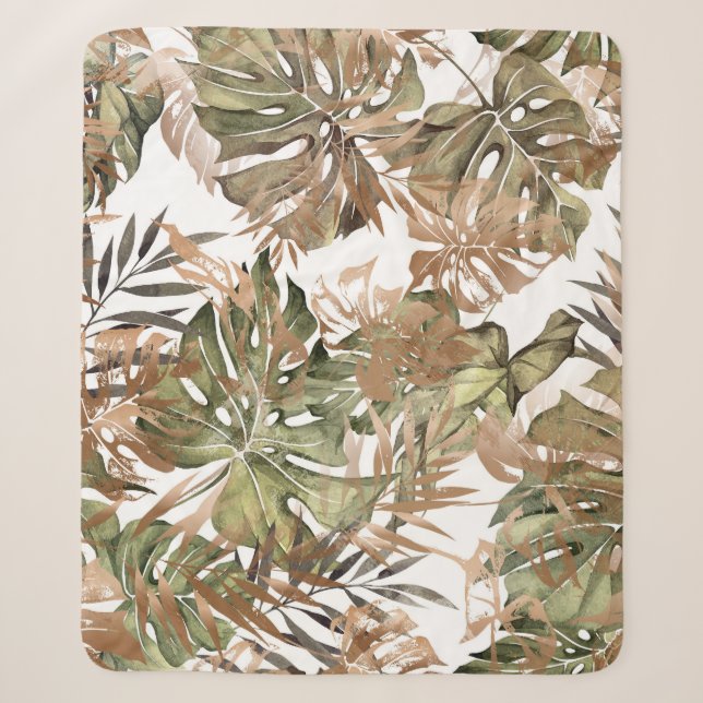 Couverture Sherpa Tropical Gold Feuilles Floral sans joint (Devant)