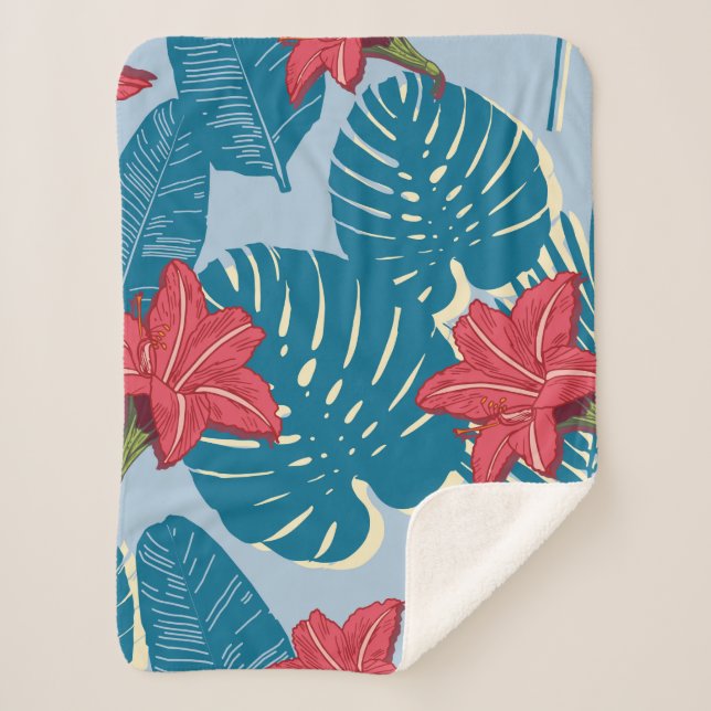Couverture Sherpa Tropical Palm sans couture feuille bleu motif (Devant)