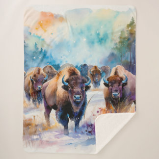 Couverture Sherpa Troupeau de bisons dans la neige en aquarelle