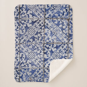 Couverture Sherpa Tuiles portugaises - Azulejo Floral bleu et blanc