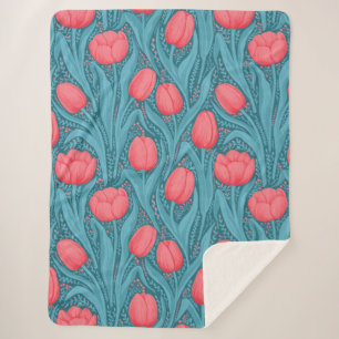 Couverture Sherpa Tulipes en bleu et rouge