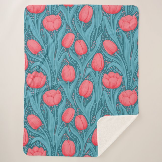 Couverture Sherpa Tulipes en bleu et rouge (Devant)