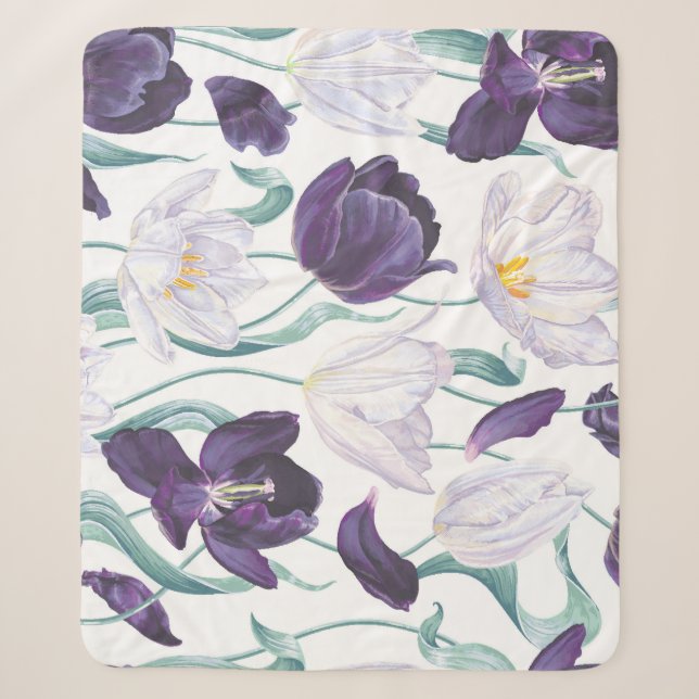 Couverture Sherpa Tulipes pourpres : Vintage réalisme blanc. (Devant)