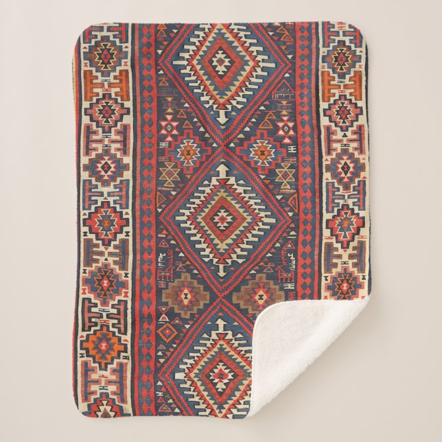 Couverture Sherpa Turquie Kilim Aztec Rouge Bleu Tan  (Devant)