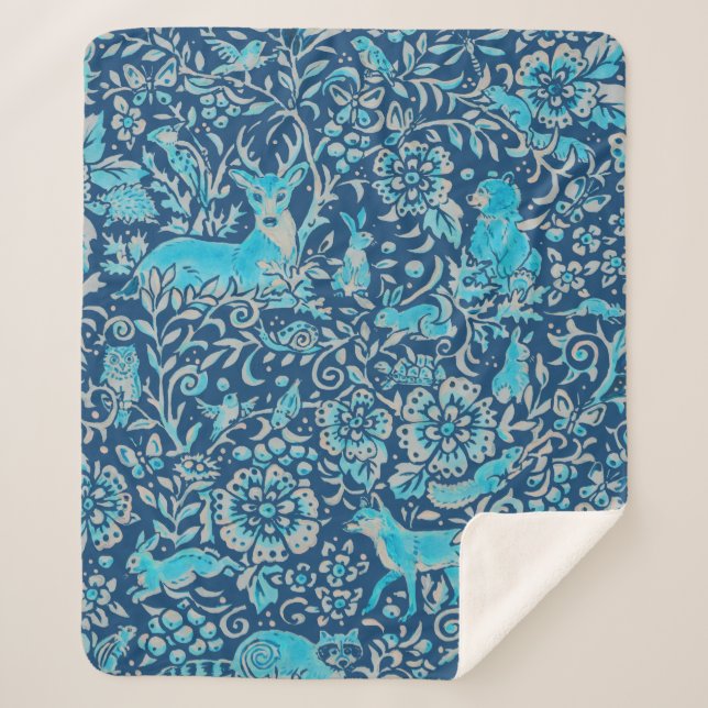 Couverture Sherpa Turquoise & Blue Woodland Animal Tapestry Motif (Devant)