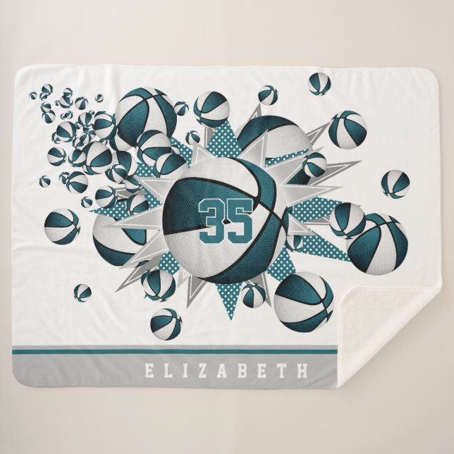 Couverture Sherpa turquoise filles blanches sport étoile basketball  (Devant (Horizontal))