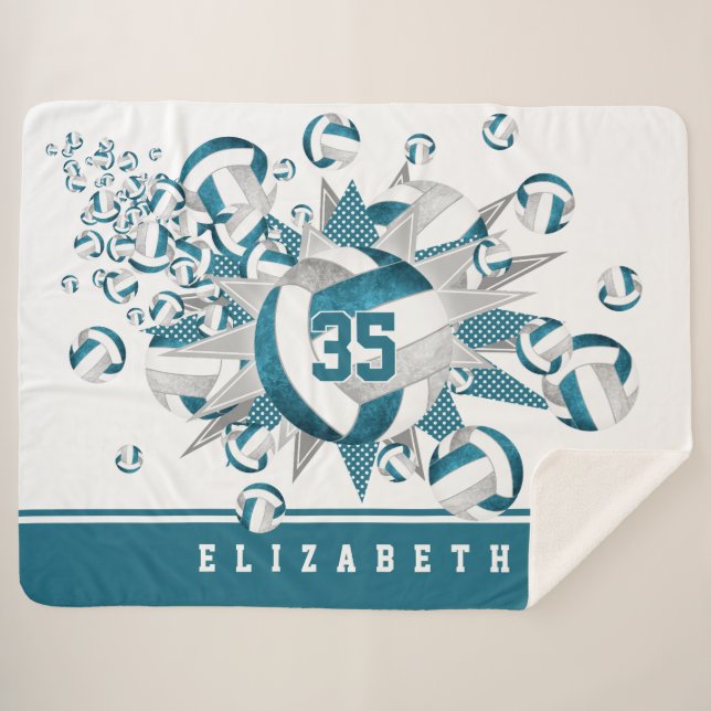 Couverture Sherpa turquoise gris filles sport décor volley-ball étoi (Devant (Horizontal))