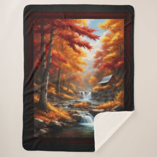 Couverture Sherpa Un Cabine dans Bois d'automne AI Concept Art par X