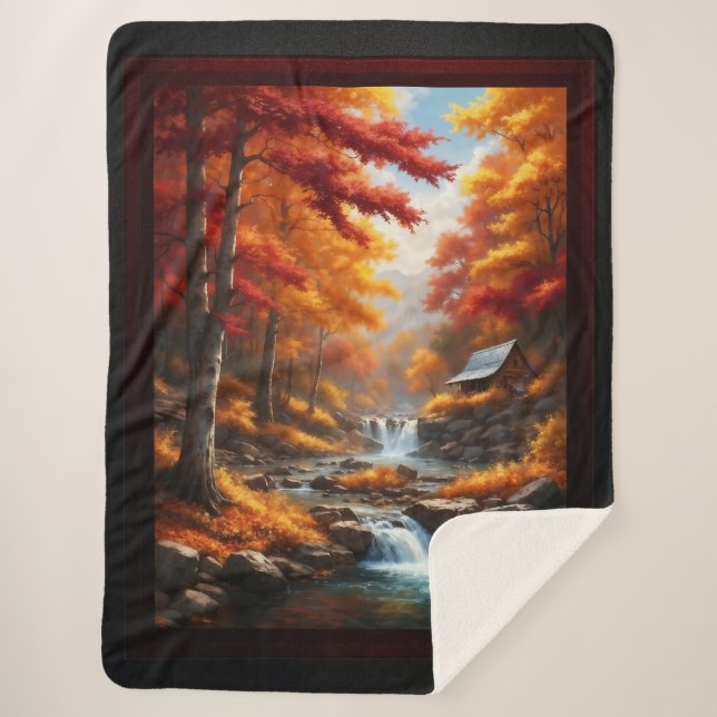 Couverture Sherpa Un Cabine dans Bois d'automne AI Concept Art par X (Devant)