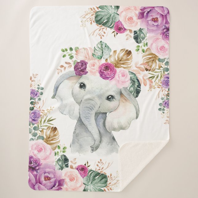 Couverture Sherpa Un éléphant de Safari tropicale Blush Violet Flora (Devant)