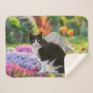 Couverture Sherpa Un joli chat noir blanc dans un jardin fleuri colo