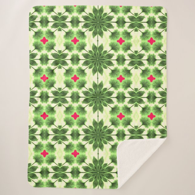 Couverture Sherpa Un motif de tissu vert rouge élé (Devant)