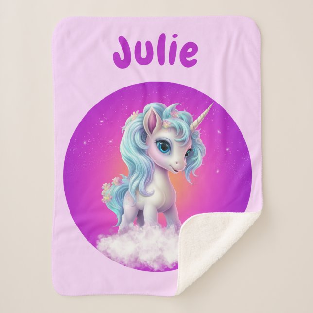 Couverture Sherpa Unicorn rose violet nom (Devant)