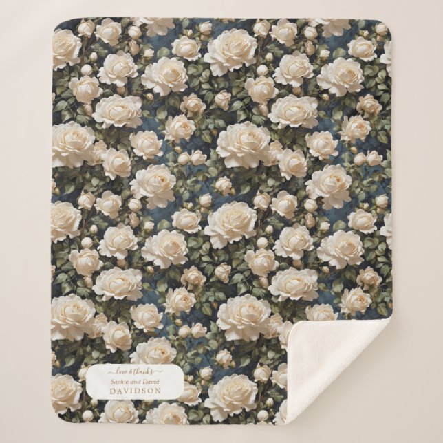 Couverture Sherpa Unique aquarelle blanc Roses Mariage (Devant)