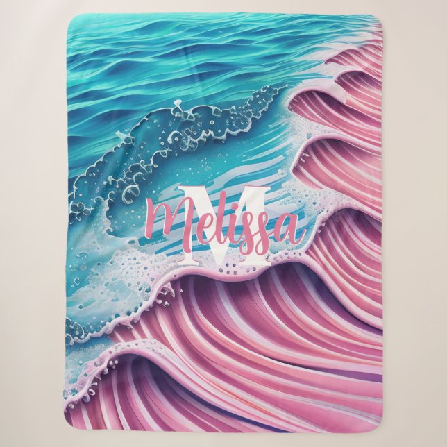 Couverture Sherpa Vague rose s'écrasant sur le rivage Monogramme (Devant)