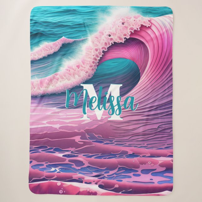 Couverture Sherpa Vagues roses sur la plage Monogramme (Devant)