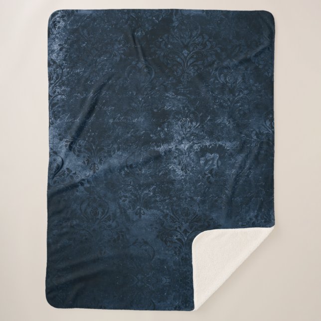 Couverture Sherpa Velvety Navy Damask | Bleu foncé Grunge Baroque (Devant)