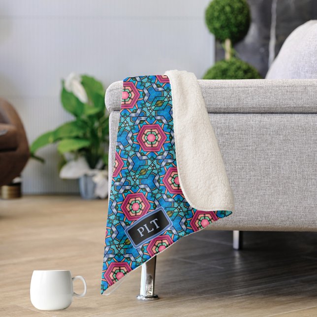 Couverture Sherpa Verre bleu rose - Art Déco - Ajouter des initiales (Créateur téléchargé)