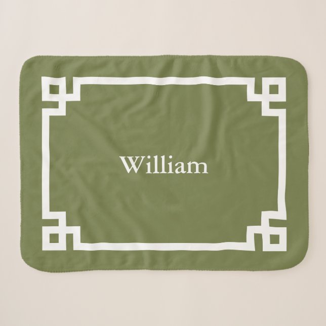 Couverture Sherpa Vert olive et clé grecque monogrammée blanc (Devant (Horizontal))