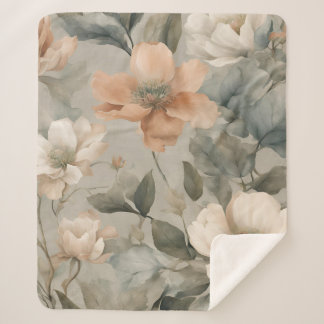 Couverture Sherpa Vert sauge doux Imprimé floral de cottage orange p
